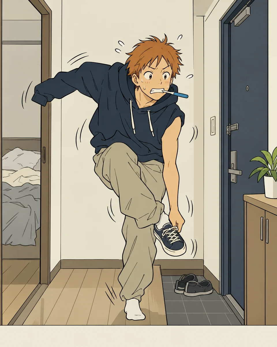 With a toothbrush in their mouth, Orange hops toward the front door, balancing on one foot while pulling on a sneaker.