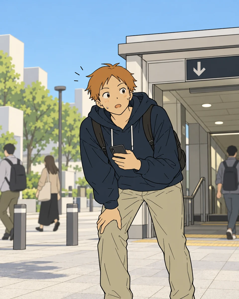 Out of breath in the plaza by the station exit, Orange leans on their knees and looks around, still holding a phone.