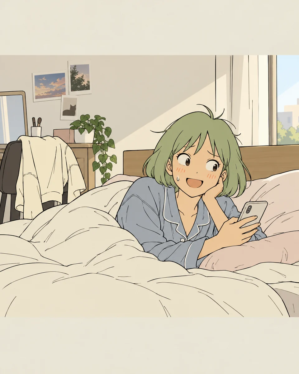 Still in pajamas, Mint lies face down on the bed, replying on a phone. A cream-colored sweatshirt hangs over a chair.