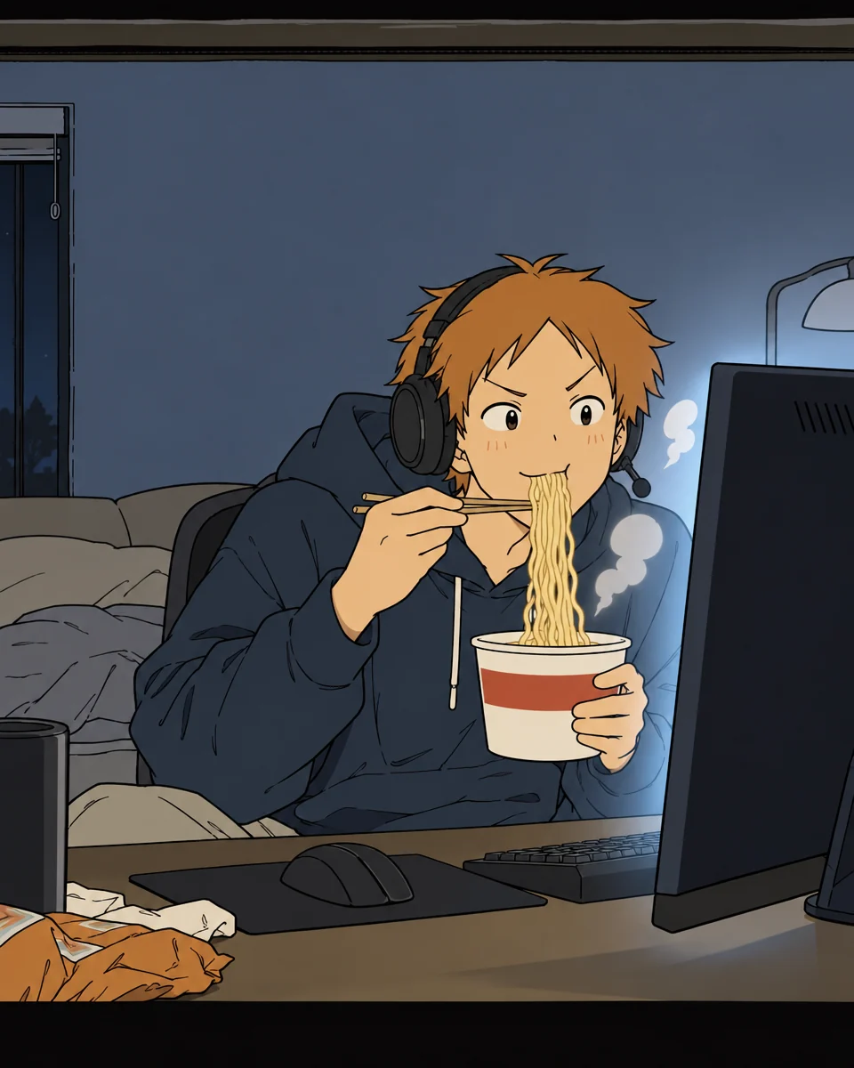 In front of the monitor, Orange slurps ramen loudly with a smug grin.