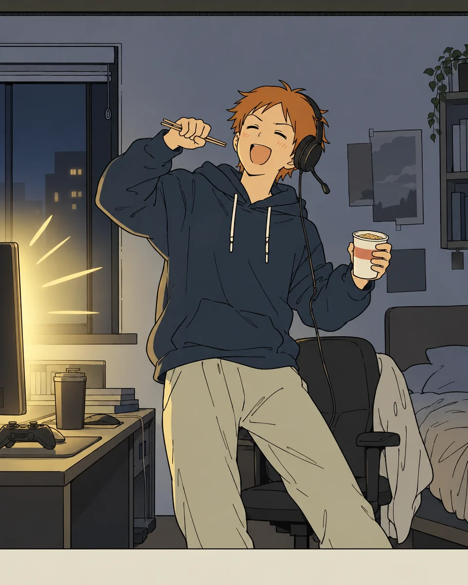 Lit by the victory screen, Orange stands up from the chair and sings into chopsticks held like a microphone.