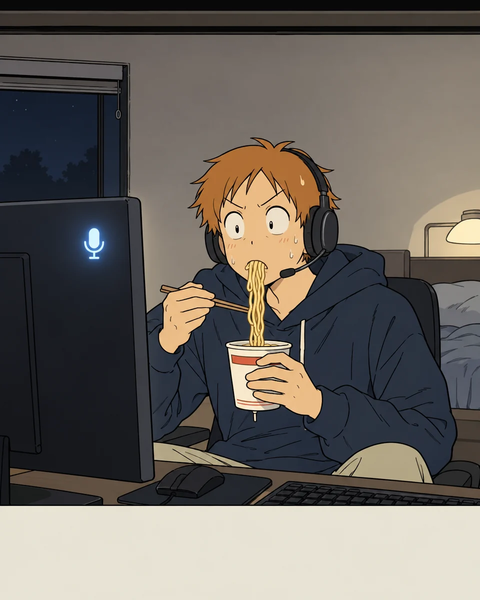Orange freezes with noodles hanging from their mouth. An active microphone icon glows in the corner of the monitor.