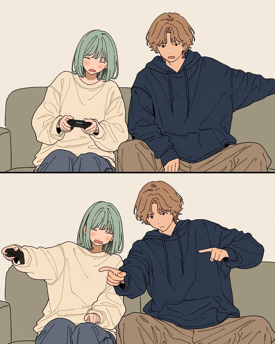 After a loss, a tired Mint starts to put her controller down while Orange points at the screen and refuses to quit.