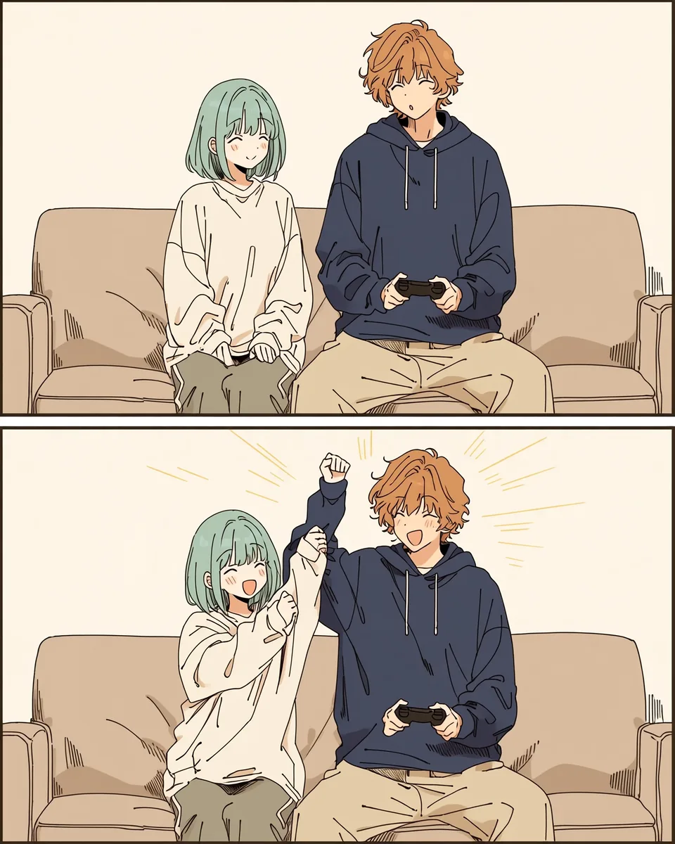 This time they win. Orange throws a fist in the air and Mint grabs his sleeve in delight.