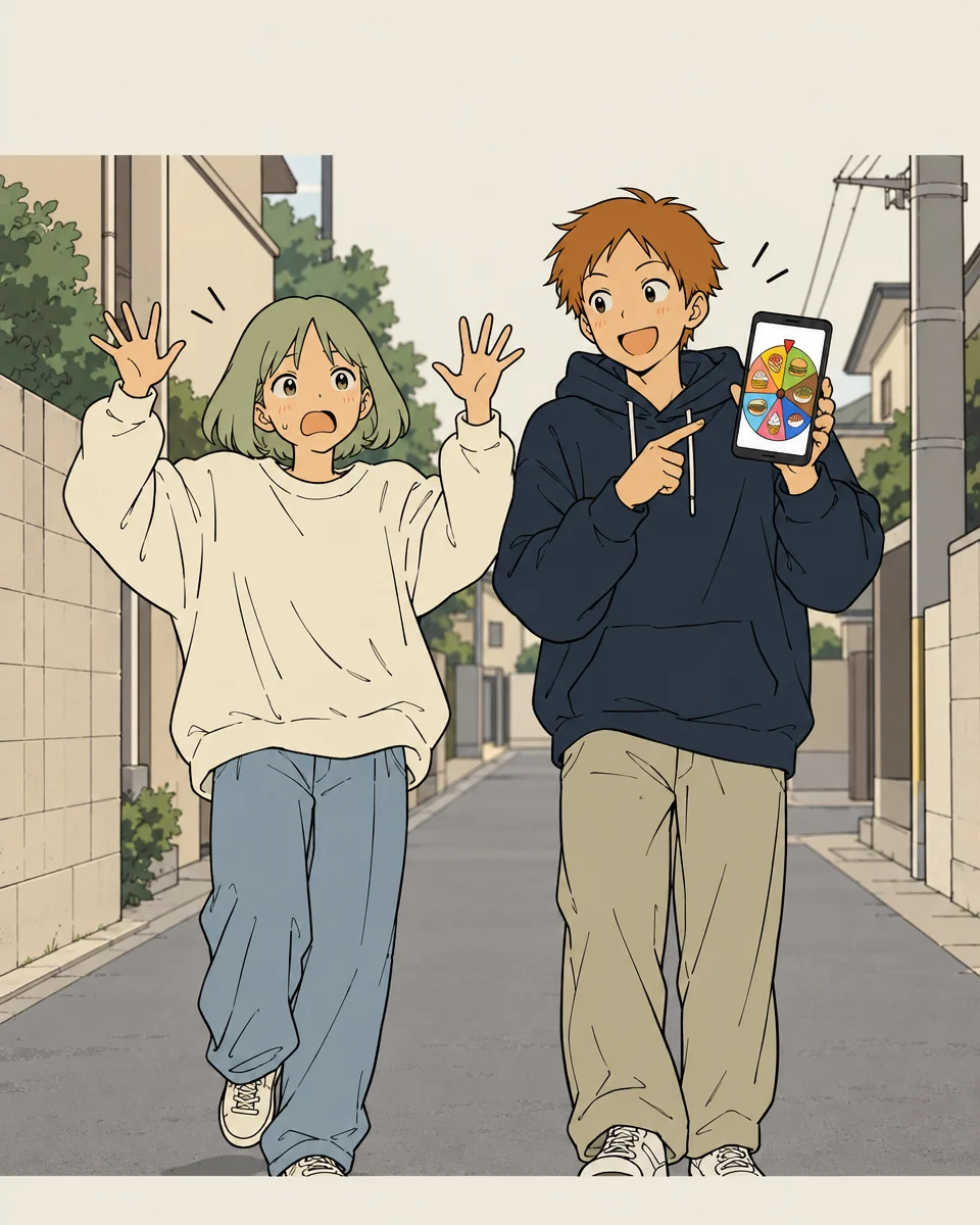 Mint throws both hands up in defeat. Orange excitedly holds out a phone showing a spinner with pictures of food.